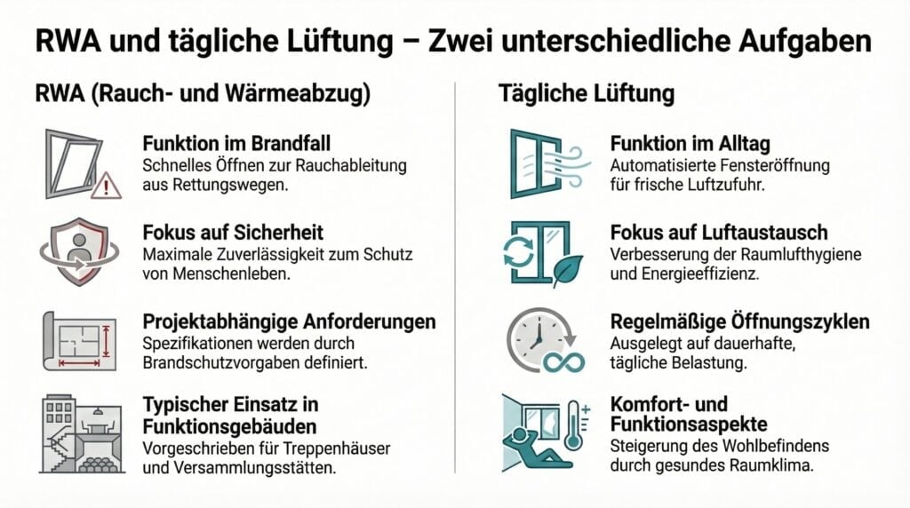 RWA und tägliche Lüftung: Effiziente Lösungen für Brandschutz & Frischluft.