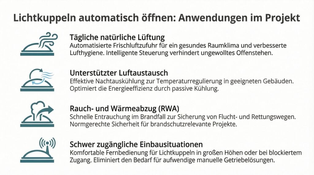 Lichtkuppeln für automatische Belüftungssysteme in Gebäuden.